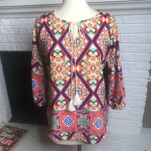 Pink Owl blouse peasant boho Aztec design tassels